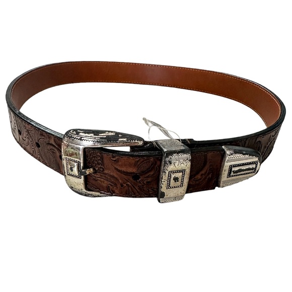 Tooled Leather Belt Brown with Silver Very Distressed Etched Hardware Never Worn - Picture 1 of 10